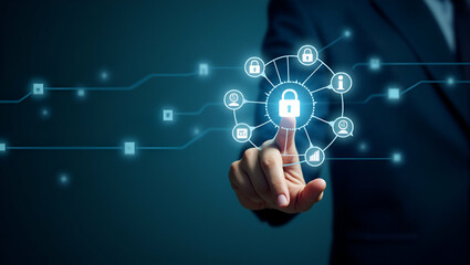 Flat Hand Engaging with Holographic Digital Banking Interface: Exploring Financial Services, Data Security, Currency Exchange, and Payment Icons in a Modern Banking Transformation