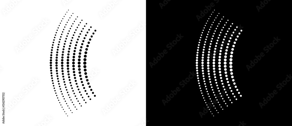 Fototapete Modern abstract background. Halftone dots in circle form. Letter C like logo, icon or design element. Black dots on a white background and white dots on the black side.