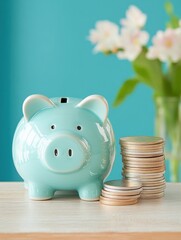 Pastel Fintech Savings Strategy Minimalist Ceramic Piggy Bank with Stacked Silver Coins - Next-Gen Financial Wellness and Digital Investment Planning