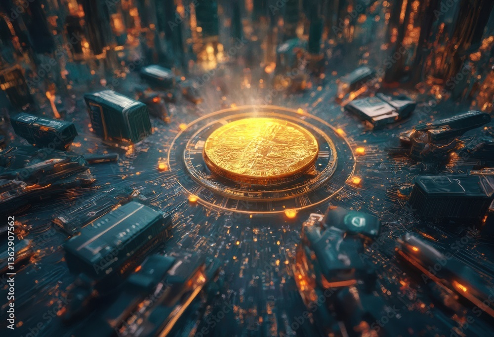 Poster a futuristic cityscape with neon lights and virtual reality elements