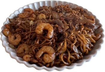 Stir-fried black bean noodles with shrimp and vegetables