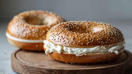 Sesame bagels with cream cheese resting on wooden board