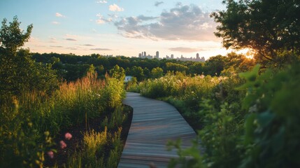Obraz premium Urban Harmony Sunset Eco-Pathway Connecting Nature and City - Next-Gen Sustainable Infrastructure Visualizing Climate-Resilient Urban Design