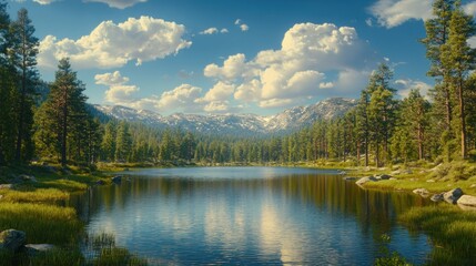 Fototapeta premium Serene mountain lake, lush forest, sunny day