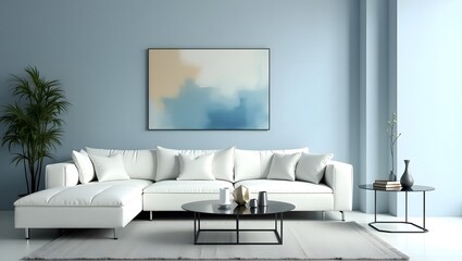 Modern living room in serene blue tones with a cozy white sofa, abstract decor, and a minimalist side table.