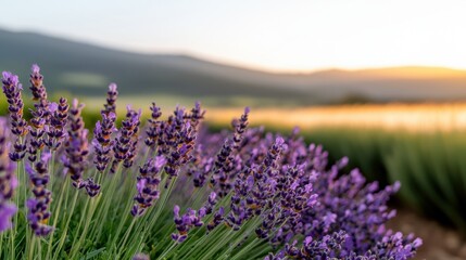 Obraz premium Flowers morning mist Concept, Serene Lavender Flowers in a Tranquil Garden at Sunrise with Soft Morning Light and Scenic Mountains