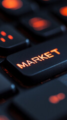 Close-up of illuminated keyboard key displaying "MARKET" in orange, showcasing digital marketing, online business, or e-commerce concept