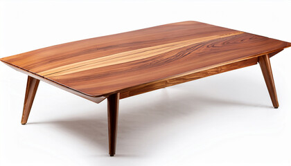 a mid century modern wooden dining table with a smooth polished surface and natural wood grain texture side view isolated on white background