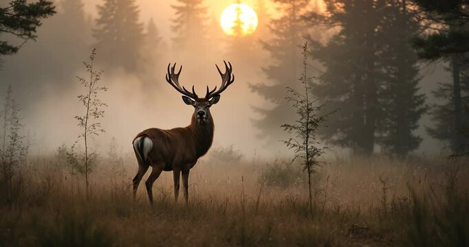 Stunning forest scenery at foggy dawn with a red deer stag.