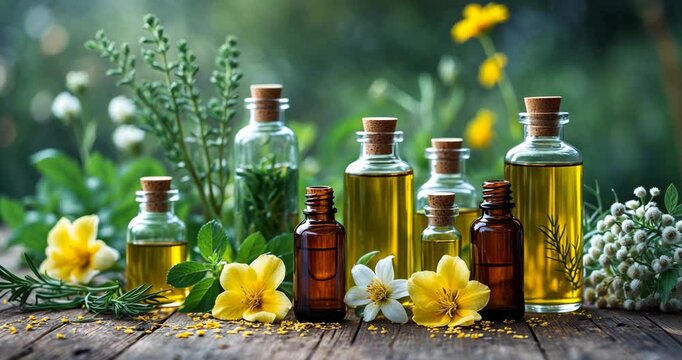 Alternative health care idea, fresh organic herbal plants, floral components for therapy and cosmetics. Essential oil, flower extract. Homemade creation, naturopathic treatment, skin, body care.