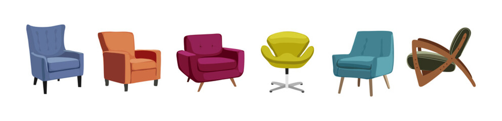 Set of different vintage mid century modern accent armchairs. Furniture vector realistic illustration isolated