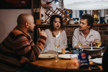 Friends gathers in a warm bar setting, sharing drinks, conversation, and leisure moments. The ambiance complements the interaction, creating a lively and engaging scene showcasing social bonding.