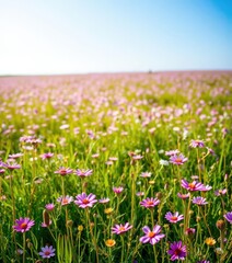 Obraz premium A vibrant meadow, awash in a sea of delicate purple and pink wildflowers under a brilliant blue sky, image, idyllic, wallpaper