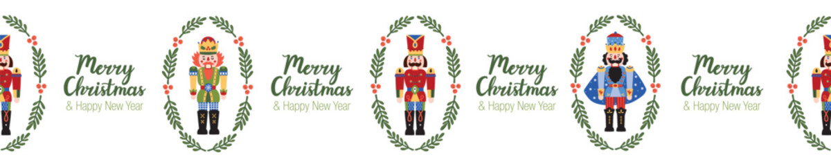 Nutcracker. Cute Christmas gorizontal border. Christmas colorful motifs.