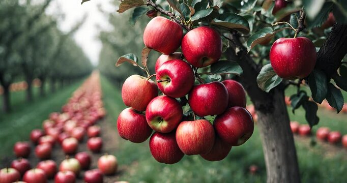 Cluster of red apples on a tree limb. Lines of apple trees flourishing on the farm. Mature red apples prepared for picking.