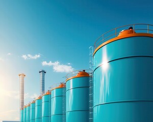 Obraz premium Octane storage units with cooling towers in background, octane facility, energy infrastructure