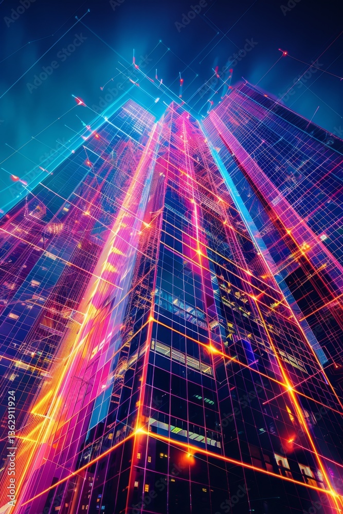 Poster visualization of energy flow in a building with glowing patterns highlighting sustainable and effici