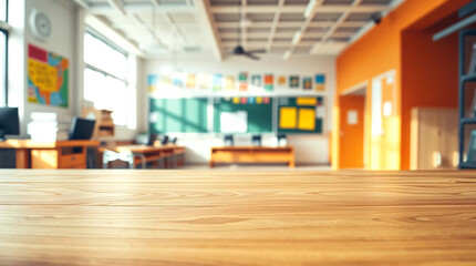 Empty wood table top with blur background of classroom in school.