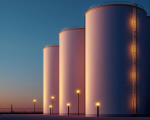 Octane refinery illuminated at dusk with reflective tanks, octane facility, evening energy production