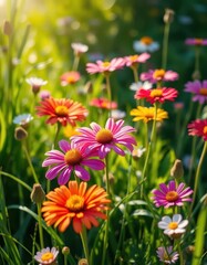 Fototapeta premium Close-up view of vibrant wildflowers in a lush meadow, sunlight dappling through petals, texture, floral, beauty
