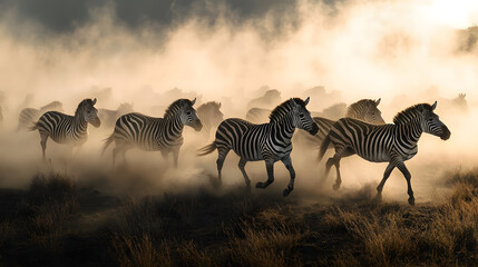 Obraz premium A herd of zebras gallops through a foggy terrain, their black and white stripes contrasting against the mist, creating an evocative atmosphere in the African savanna at dusk.