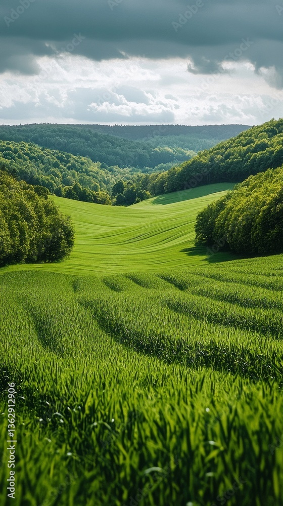 Poster rolling hills covered in vibrant green grass stretch under a dramatic sky. tall trees line the edges