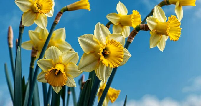Lovely Cluster of Yellow Daffodils against a blue sky backdrop with room for text