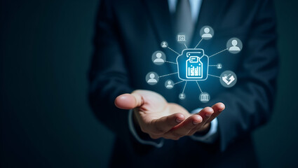 Hand Holding Holographic Incident Management Device: Visualizing Risk Assessment, Data Analysis, and Problem Resolution Icons for Effective Business Issue Management in Stock Photo Concept