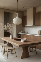 Kitchen room in mocha mousse tone colors, Interior design. Pantone Color of the Year 2025