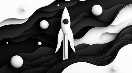 Monochrome Rocket Launching Through Abstract Papercut Landscape AI Generated