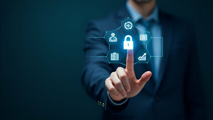 Hand Engaging with Holographic AML Device: Showcasing Banking Security Monitoring & Compliance Icons in Empty Space - Stock Photo Concept for Financial Technology and Compliance Solutions