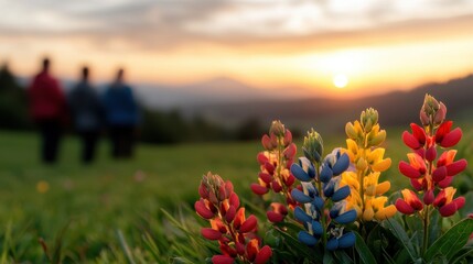 Flowers morning mist Concept, Vibrant Meadow Blossoms at Sunset with People Silhouetted in the Background