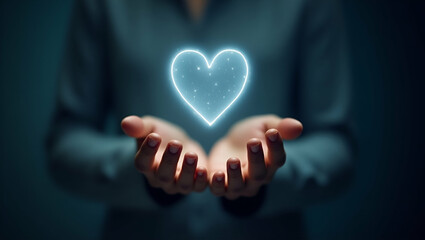 Empathy and Compassion Illustrated: A Flat Hand Holding a Holographic Respect Symbol Against a Minimalist Background - Smart Business Tone Vector Art