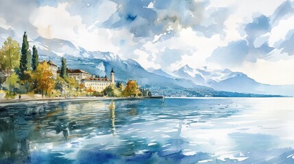 Fototapeta premium Serene Lake Geneva Waterfront - Tranquil lake scene, reflecting mountains and autumnal trees. Symbolizing peace, serenity, nature's beauty, reflection, and seasonal change