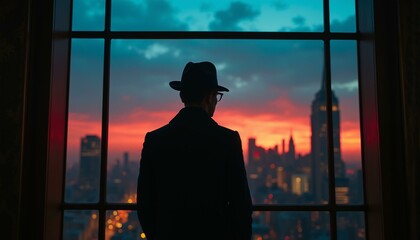 A man in a fedora stands in front of an ornate window, surrounded by skyscrapers and neon lights.