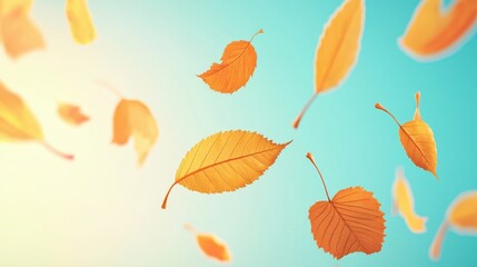 Obraz premium Colorful autumn leaves drifting against a vibrant blue background, capturing the essence of fall and nature's beauty.