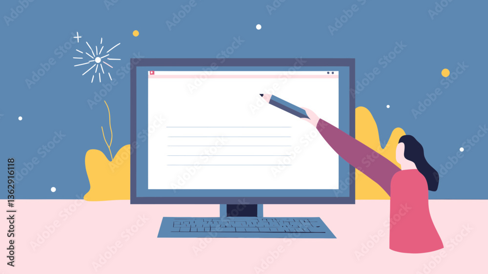 Poster modern vector illustration of website design and development concept with person clicking on monitor