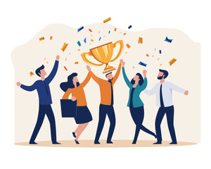 Business Team Celebrating Success with Trophy, Joyful Colleagues in Flat Minimalist Style, Vector Illustration for Winning Award Concept and Career Achievement