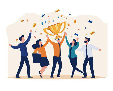 Business Team Celebrating Success with Trophy, Joyful Colleagues in Flat Minimalist Style, Vector Illustration for Winning Award Concept and Career Achievement