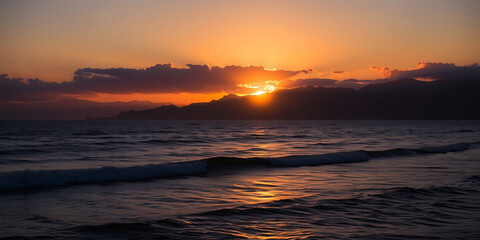Fototapeta premium Stunning Sunset Over the Ocean with Silhouette Mountains