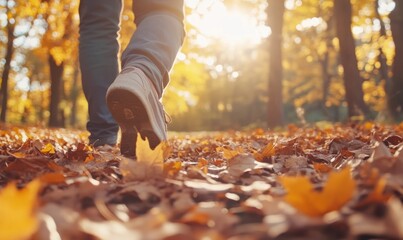 Autumn walk through forest fallen leaves