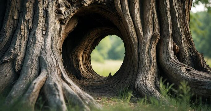 Cave, cavity in an ancient twisted tree, shelter for animals