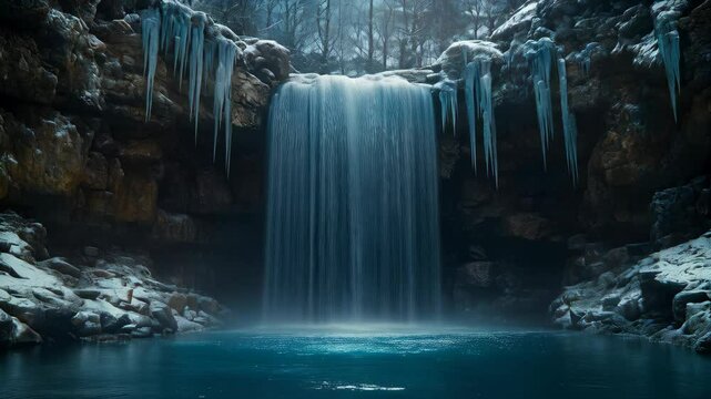 Frozen waterfall in remote mountain valley, icicles hanging from rocks, dark blue ice reflecting soft winter sunlight, water flowing, current moving