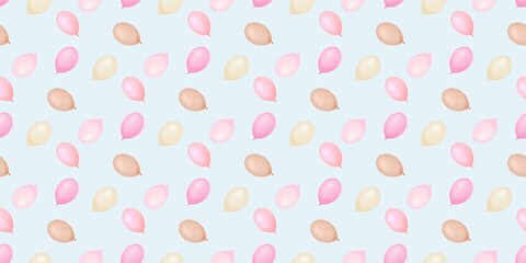Seamless holiday pattern with pink inflatable balloons,  on a blue  background. Ideal for wedding, birthday, gender party, children party,  gifts, home decor, Baby shower, holiday, birthday girl. 