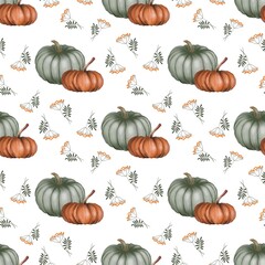 A seamless pattern  of two pumpkins—one muted green and the other deep orange—set against a white background. The shading and texture create a soft, realistic appearance, evoking an autumnal mood