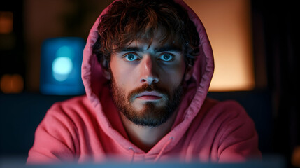 Fototapeta premium Focused Young Man in Pink Hoodie Working on Computer at Night