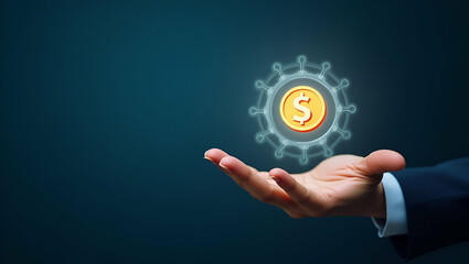 Flat Hand Holding Holographic Icon for Smart Profit Management