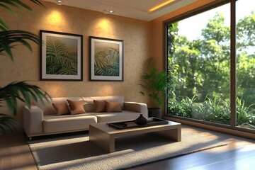 Fototapeta premium Bright Airy Living Room with Sofa, Greenery, and Sunlight Streaming Through Window