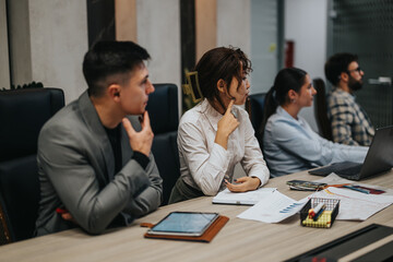 A group of multiracial business people engage in a nighttime meeting, brainstorming strategies for business growth in a contemporary office setting. The environment fosters creativity and