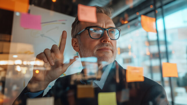Confident Businessman Strategizing with Sticky Notes on a Glass Wall in a Modern Office